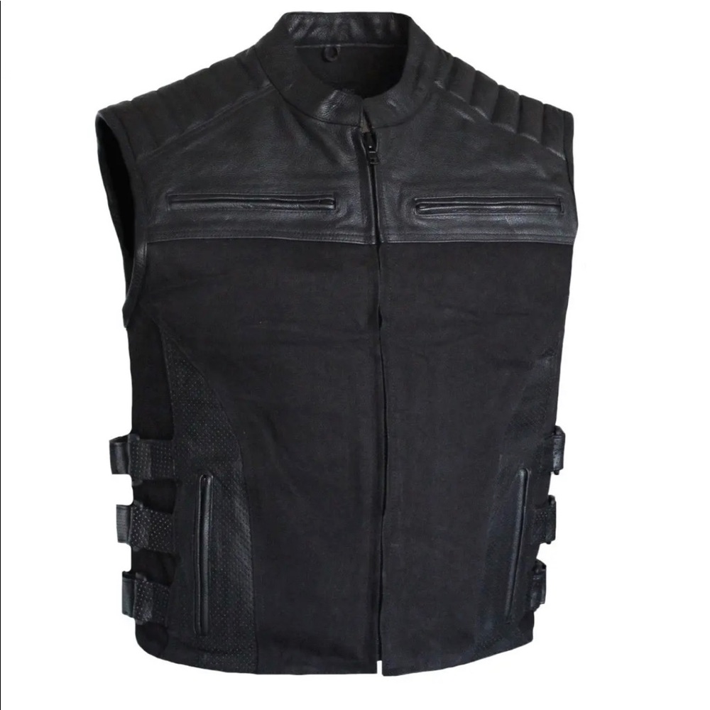 Men’s motorcycle black denim and leather vest